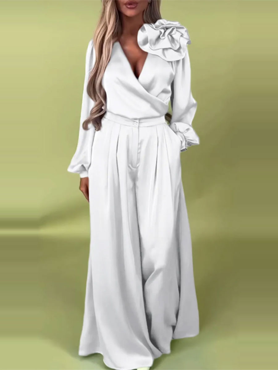 Prabangus komplektas su atlasiniais marškiniais ir plačiomis kelnėmis-LT