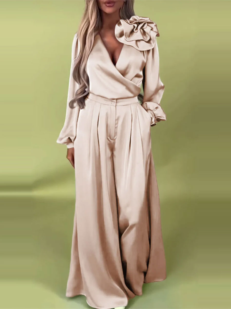 Prabangus komplektas su atlasiniais marškiniais ir plačiomis kelnėmis-LT