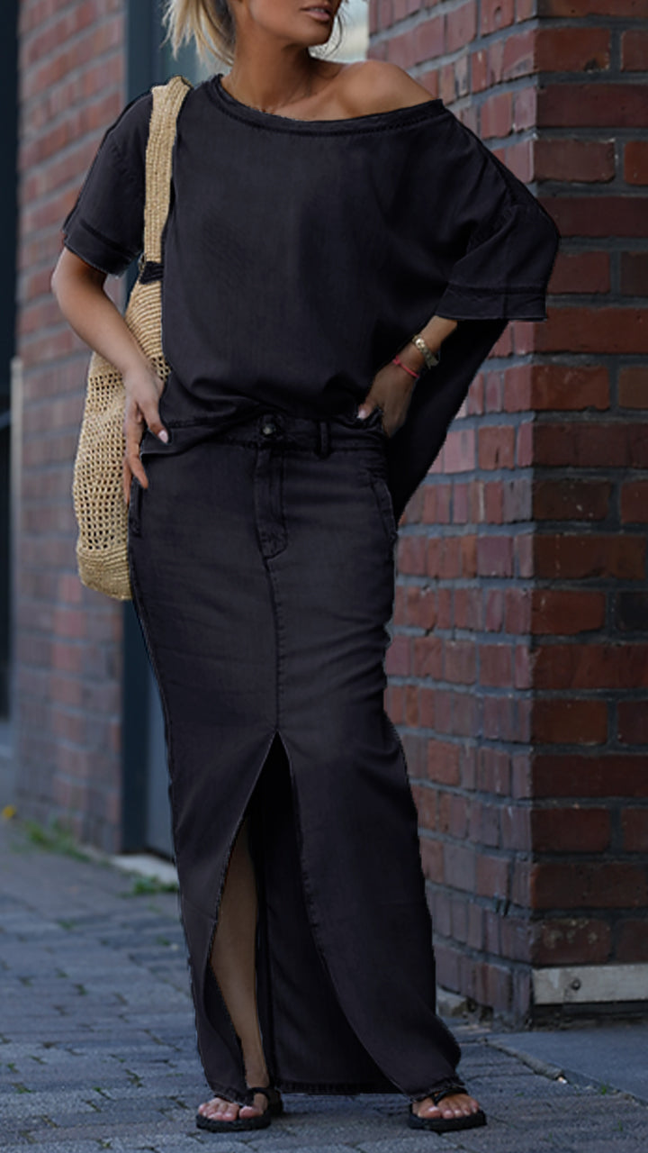 Moteriškas laisvalaikio kostiumas apvalia kaklo iškirpte iš tencel džinso-LT