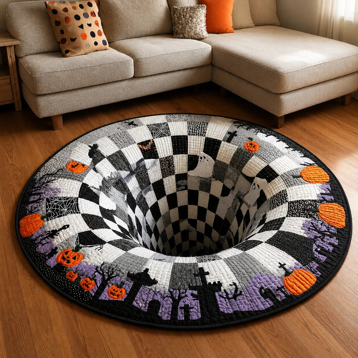 🔥Ostatnia wyprzedaż🎃Pikowany okrągły dywan na Halloween z trójwymiarowym szkieletem i spiralą