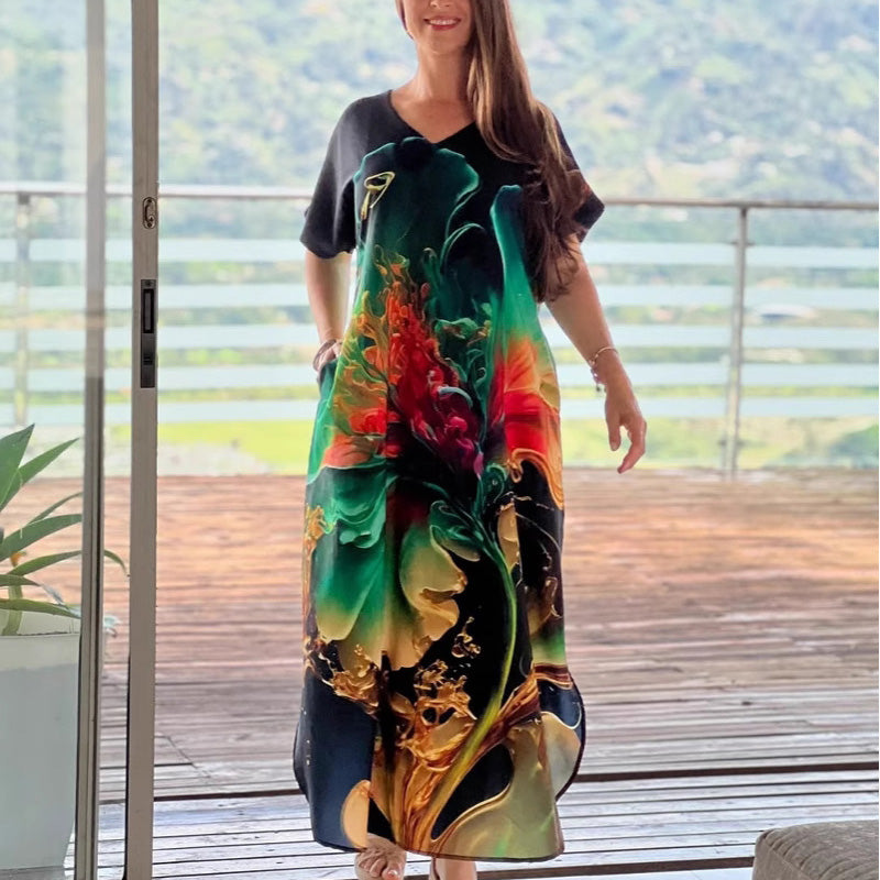 Moteriška laisva, kasdieniška suknelė V formos iškirpte, raštu ir trumpomis rankovėmis-LT