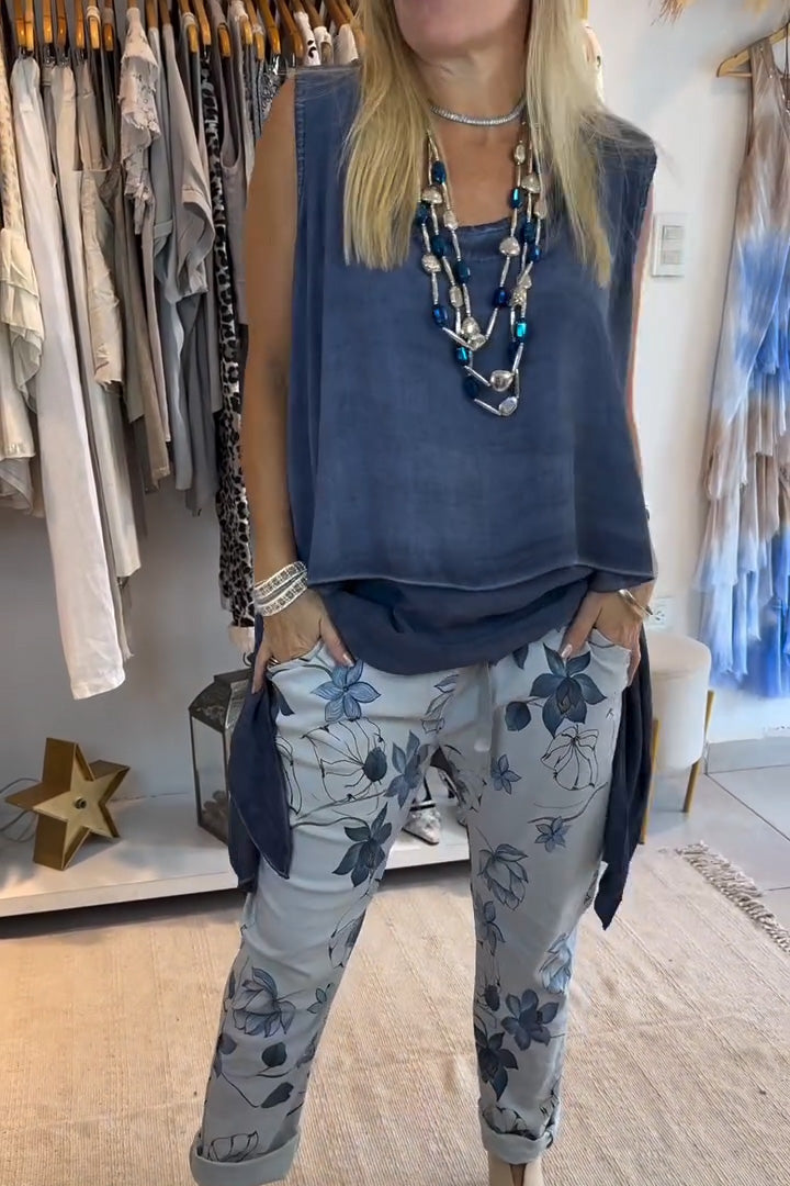 Netaisyklingos vientisos spalvos moteriškos kelnės su apvaliu kaklu be rankovių su marginta dvigubu dugnu-LT