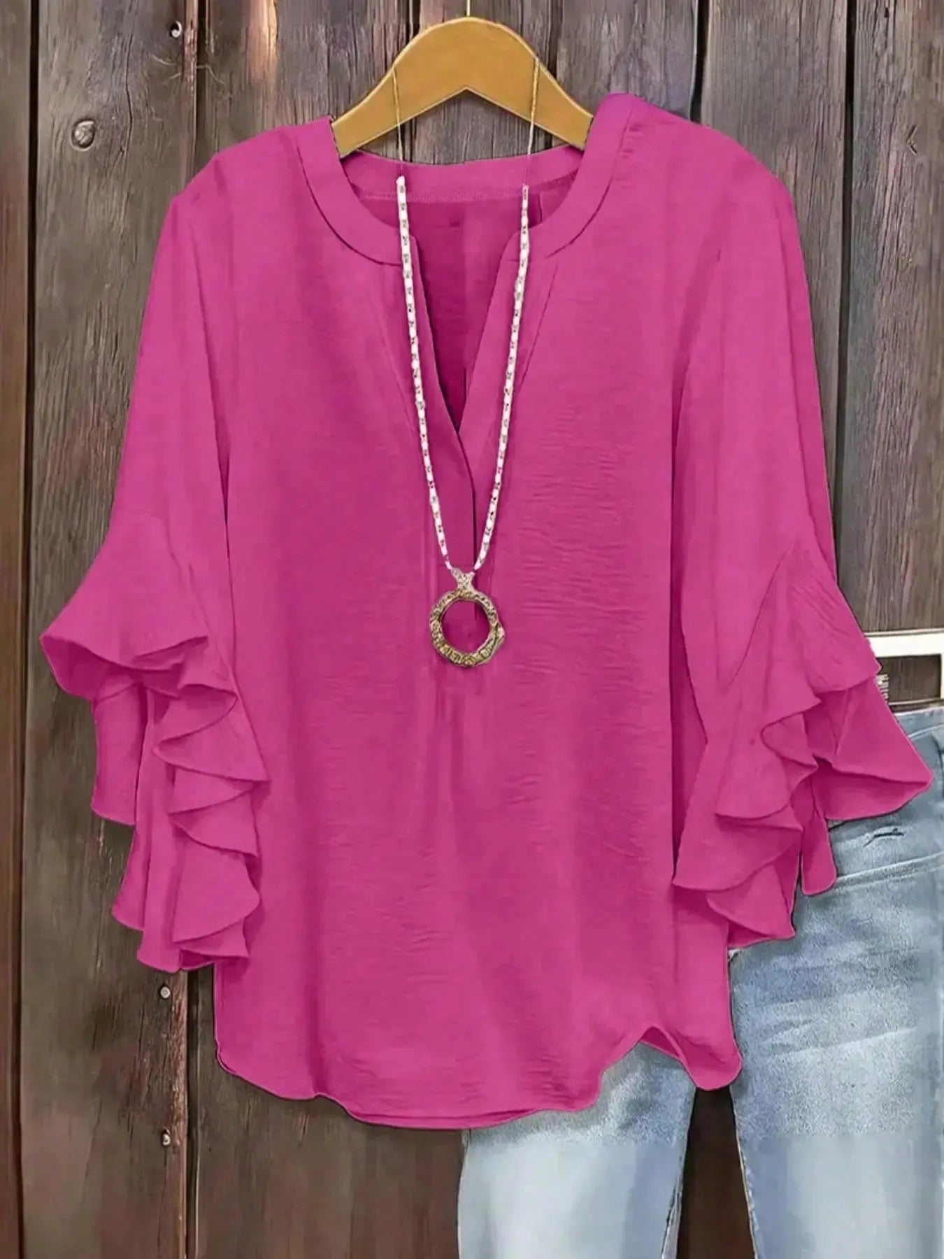 Plus Size Women's Ruffle Sleeve V-Neck Shirt, Elegant Floral Design, Comfortable and Stylish, Perfect for Casual Wear