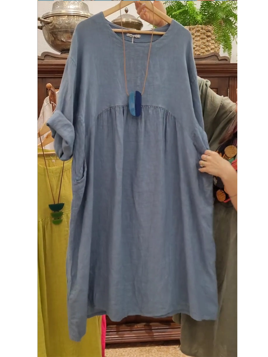 Moteriška medvilninė ir lininė suknelė su kišenėmis-LT