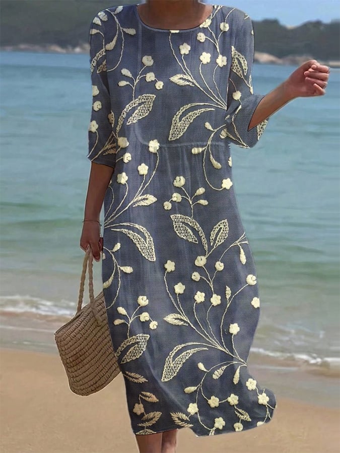 Γυναικείο Μονόχρωμο Φόρεμα με Στρογγυλή Λαιμόκοψη από Βαμβάκι και Λινό, Φλοράλ-GR