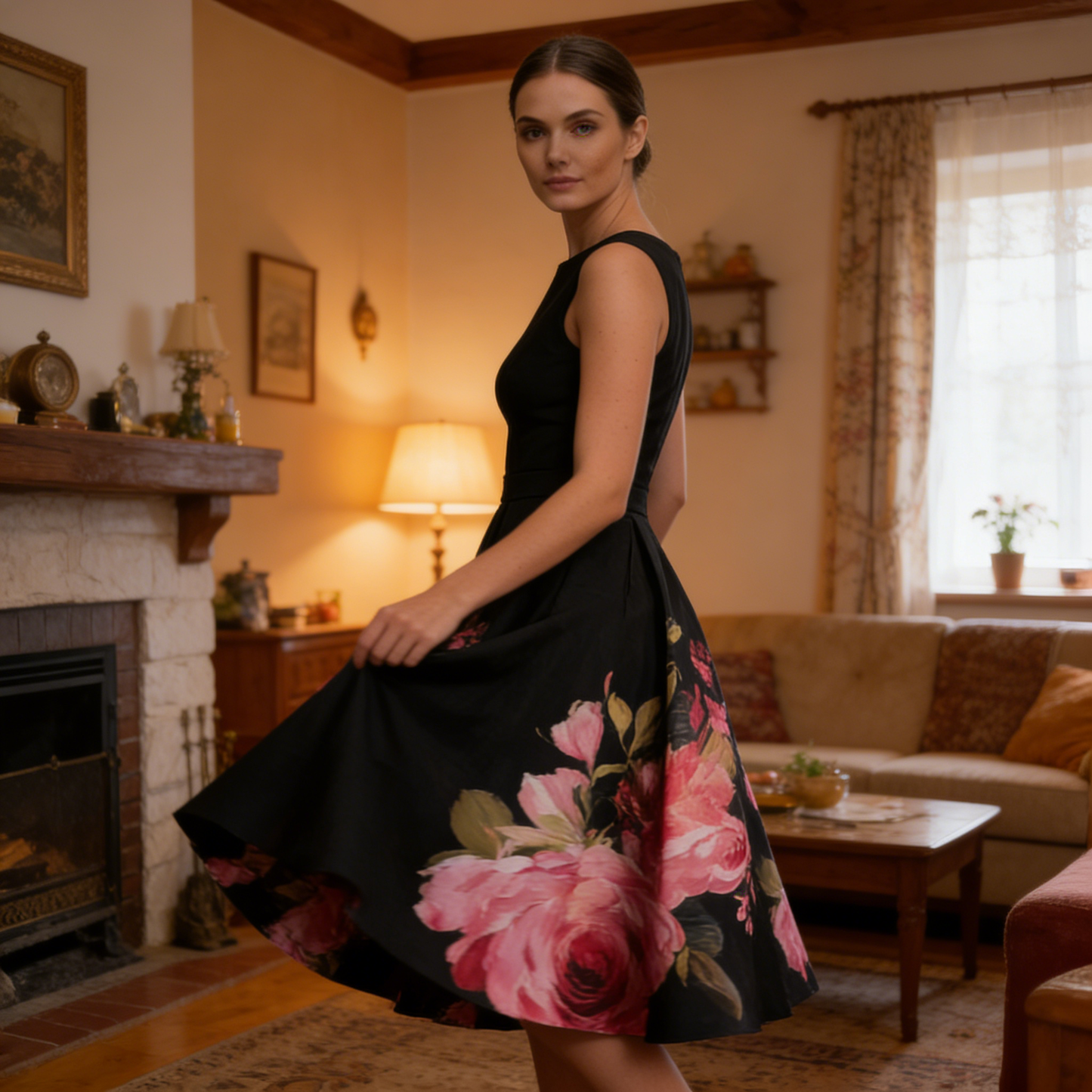 🌸Elegancka, bezrękawa, sukienka midi w kształcie litery A z kwiatowym nadrukiem👗❤️