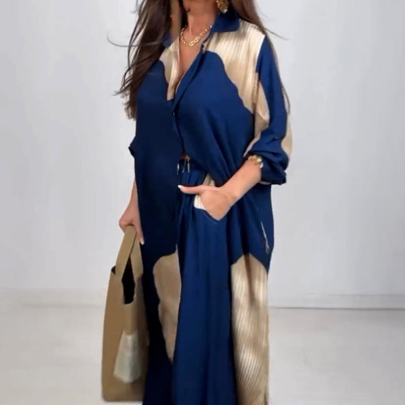 🌼Ilgi marškiniai su susuktomis sagomis ir raišteliu kelnių komplektas-LT