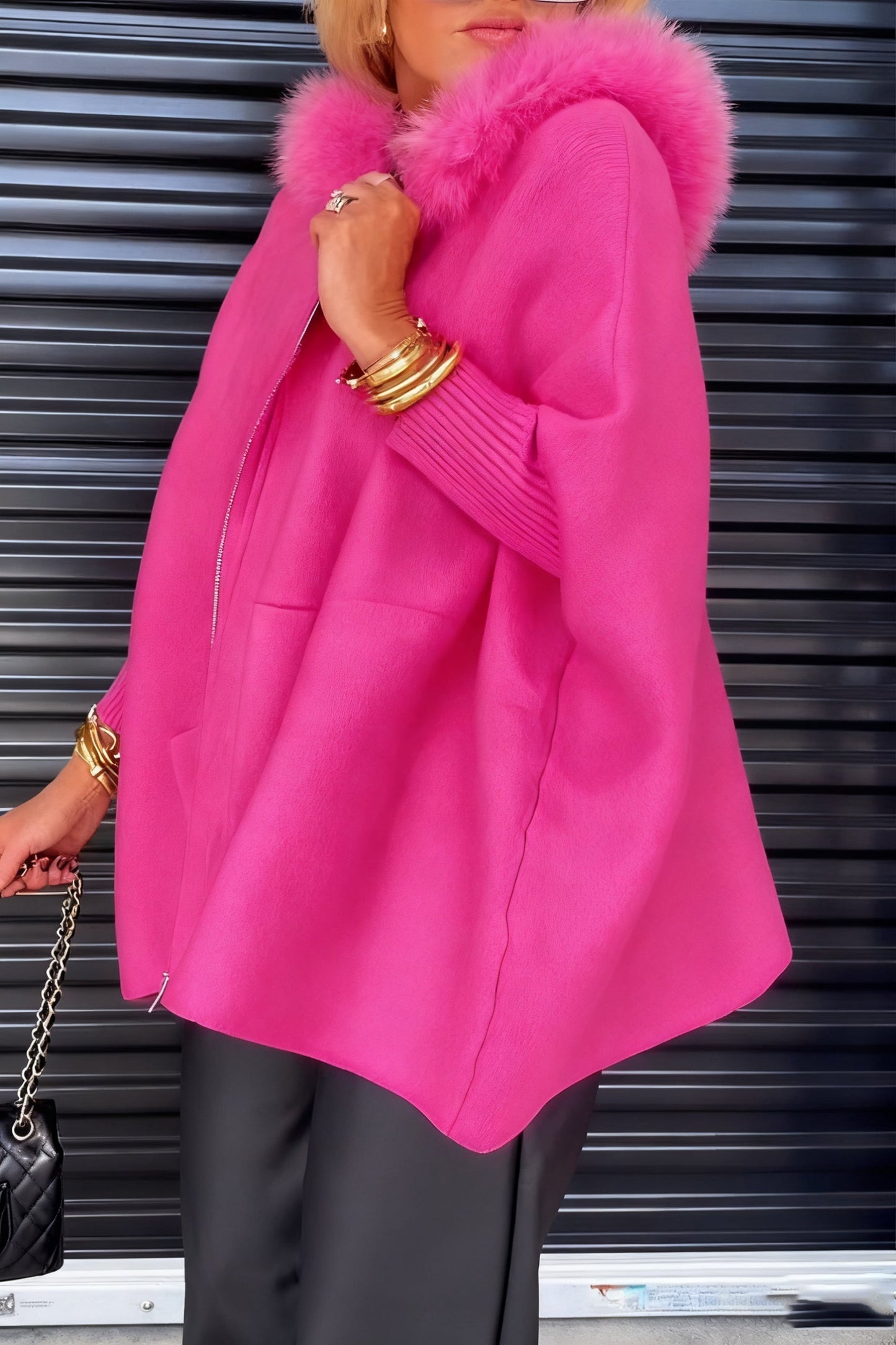 Moteriškas laisvalaikio švarkas su vienspalve kailine apykakle-LT