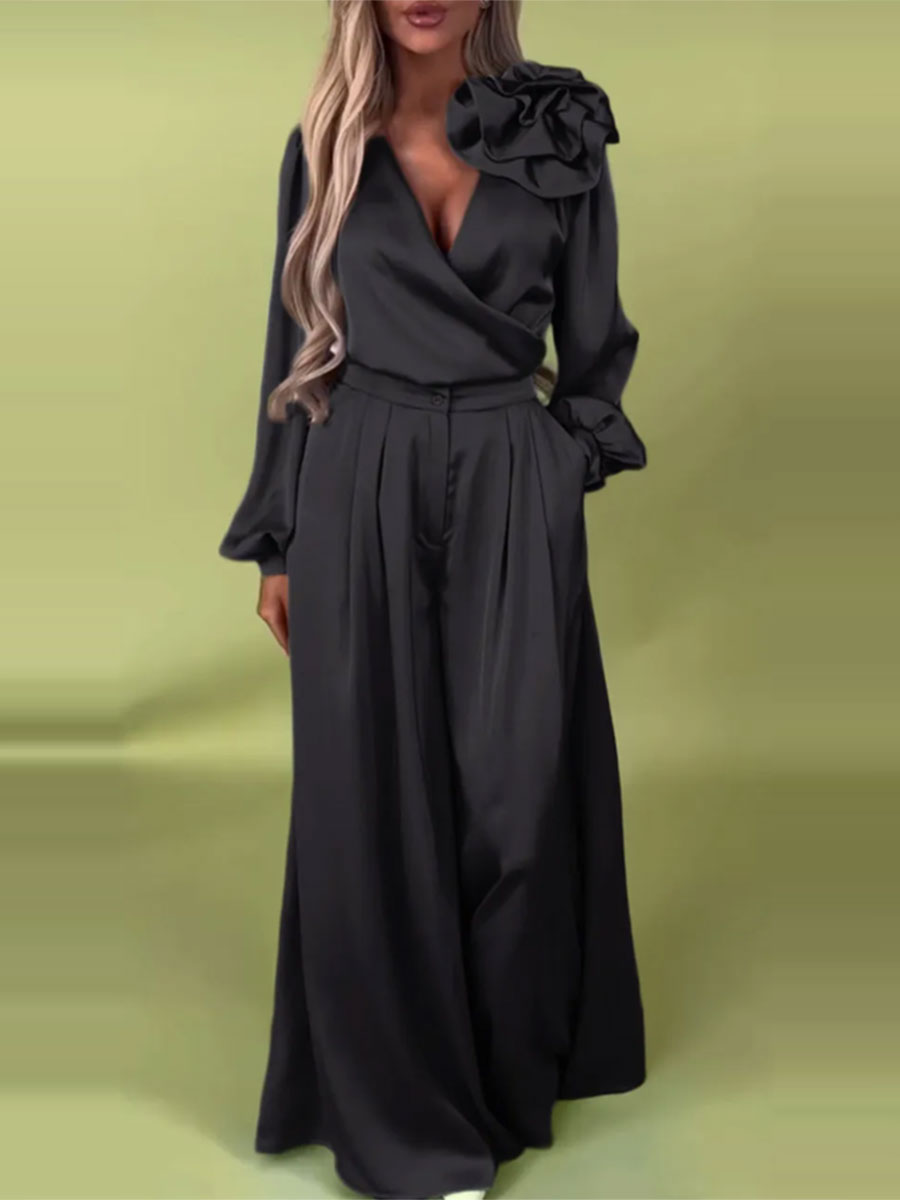 Prabangus komplektas su atlasiniais marškiniais ir plačiomis kelnėmis-LT