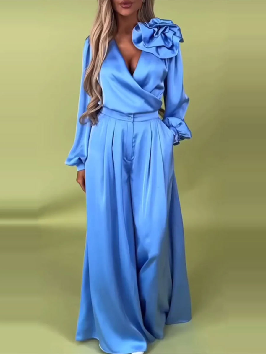 Prabangus komplektas su atlasiniais marškiniais ir plačiomis kelnėmis-LT