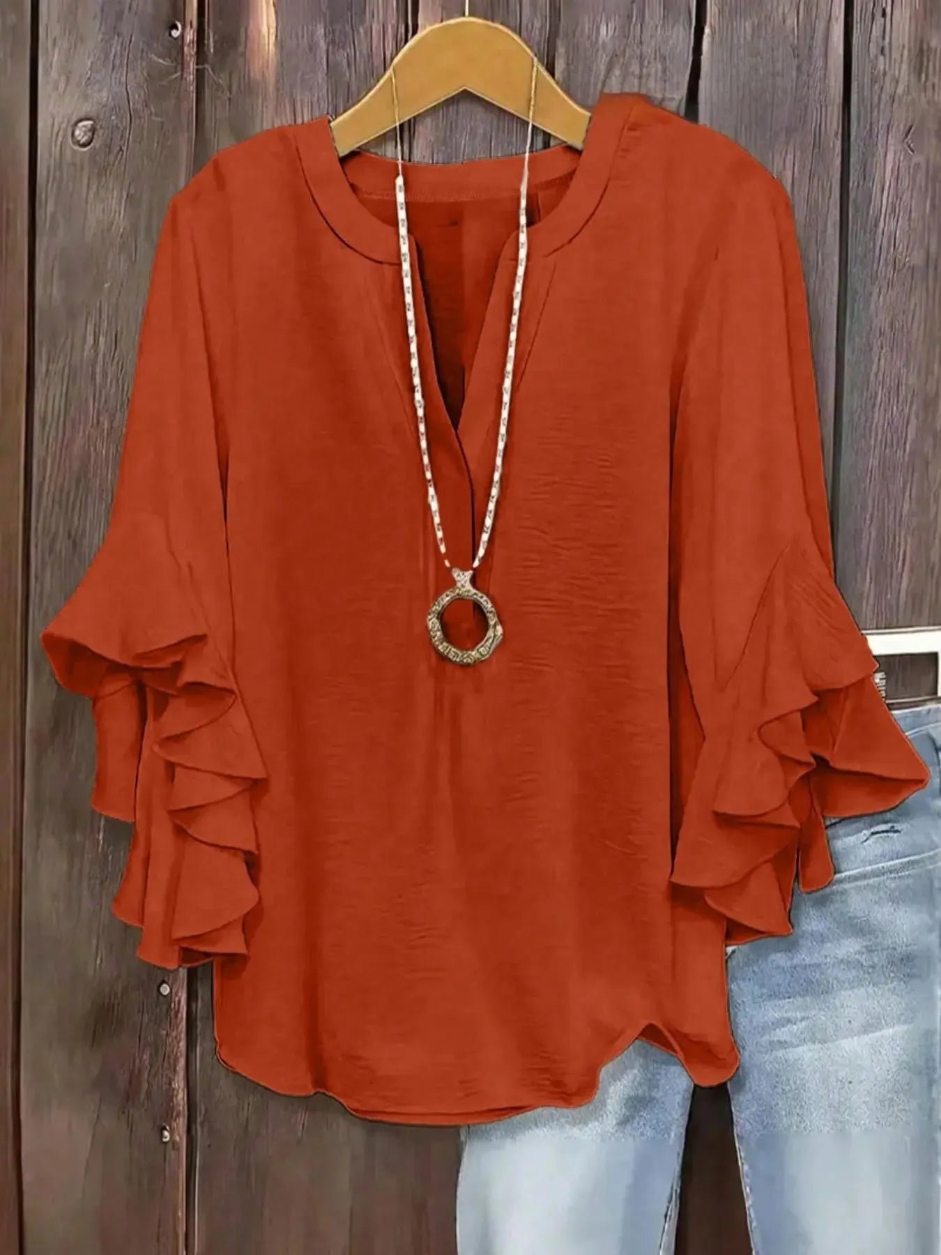 Plus Size Women's Ruffle Sleeve V-Neck Shirt, Elegant Floral Design, Comfortable and Stylish, Perfect for Casual Wear