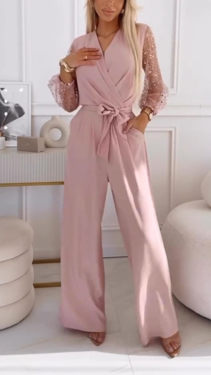 👑Γυναικείο casual κοστούμι με φουσκωτά μανίκια και V λαιμόκοψη, διακοσμημένο με πούλιες-GR