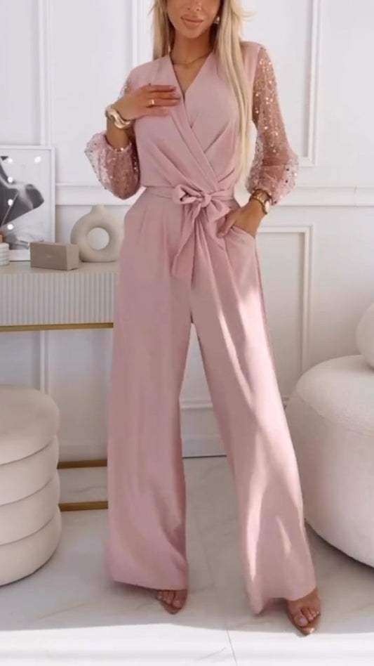 👑Γυναικείο casual κοστούμι με φουσκωτά μανίκια και V λαιμόκοψη, διακοσμημένο με πούλιες-GR