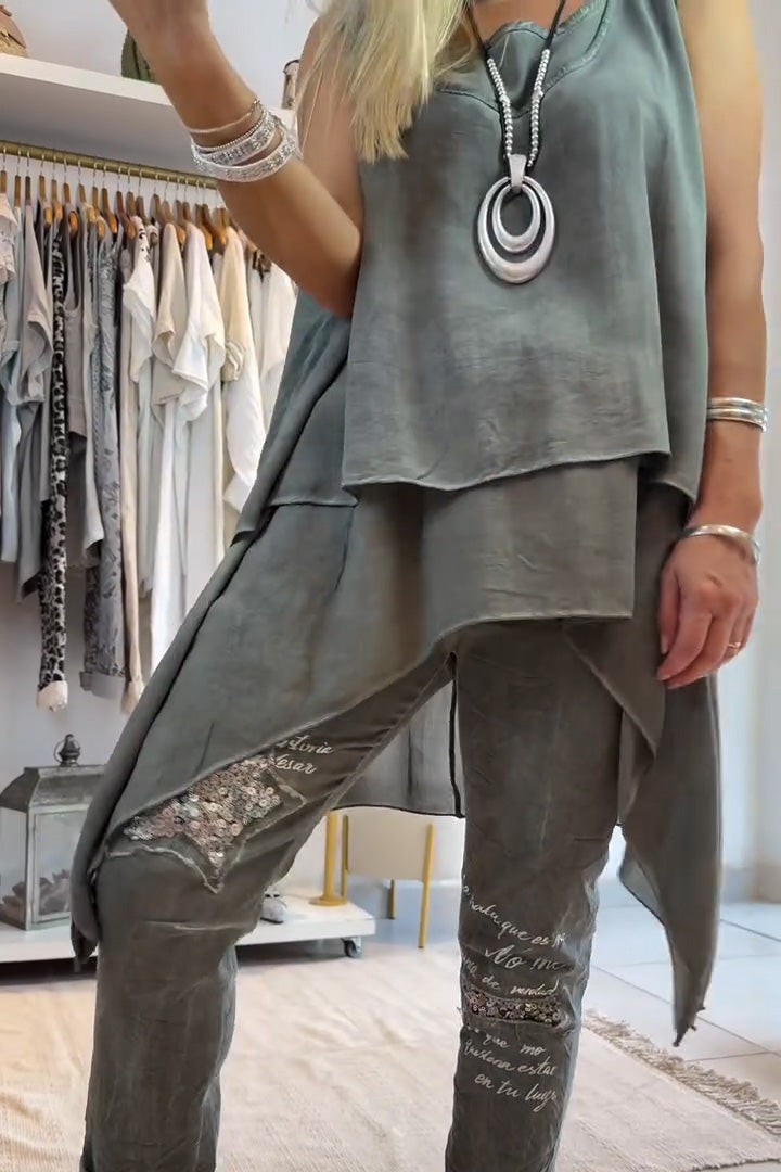 Netaisyklingos vientisos spalvos moteriškos kelnės su apvaliu kaklu be rankovių su marginta dvigubu dugnu-LT