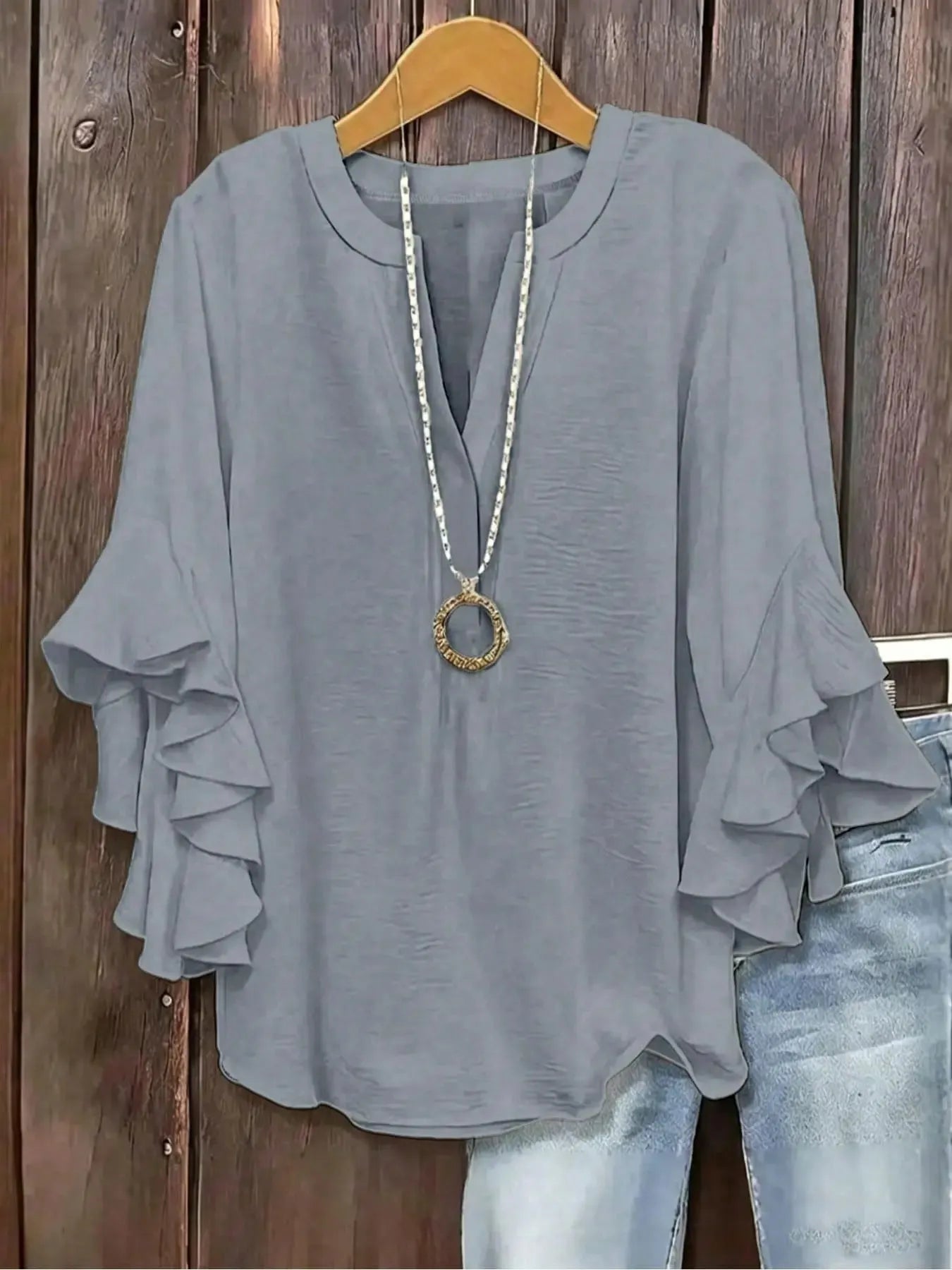 Plus Size Women's Ruffle Sleeve V-Neck Shirt, Elegant Floral Design, Comfortable and Stylish, Perfect for Casual Wear