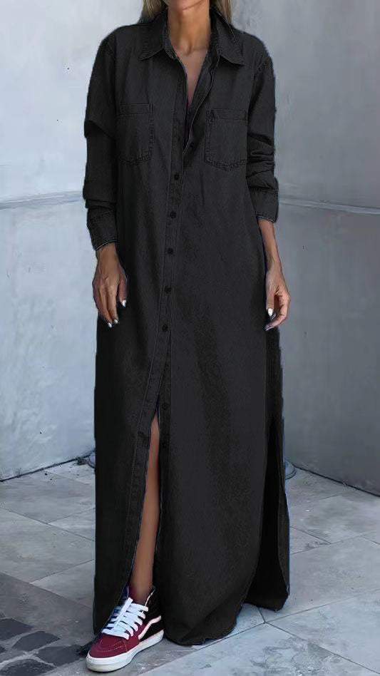 Džínsové šaty s dlhými rukávmi a chlopňami-SK