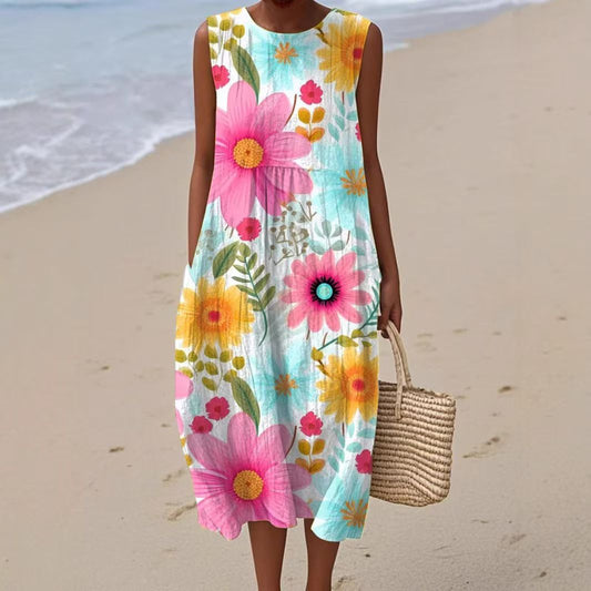 Moteriška vasarinė suknelė be rankovių su apvalia iškirpte-LT