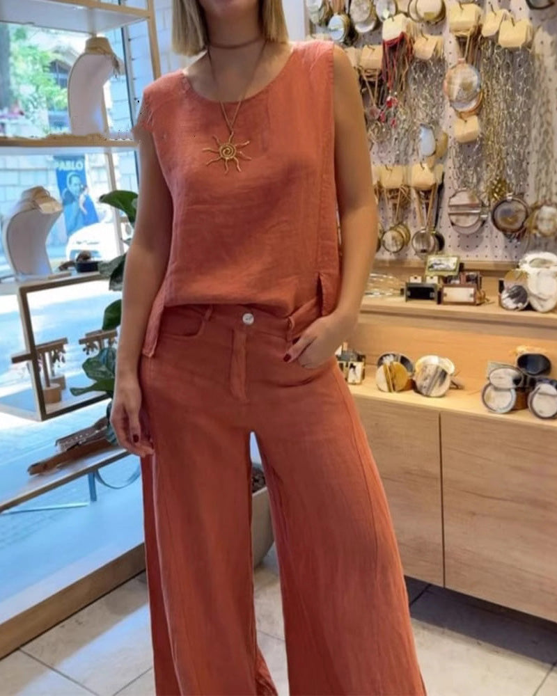 Vienspalvis medvilninis ir lininis kelnių komplektas be rankovių-LT