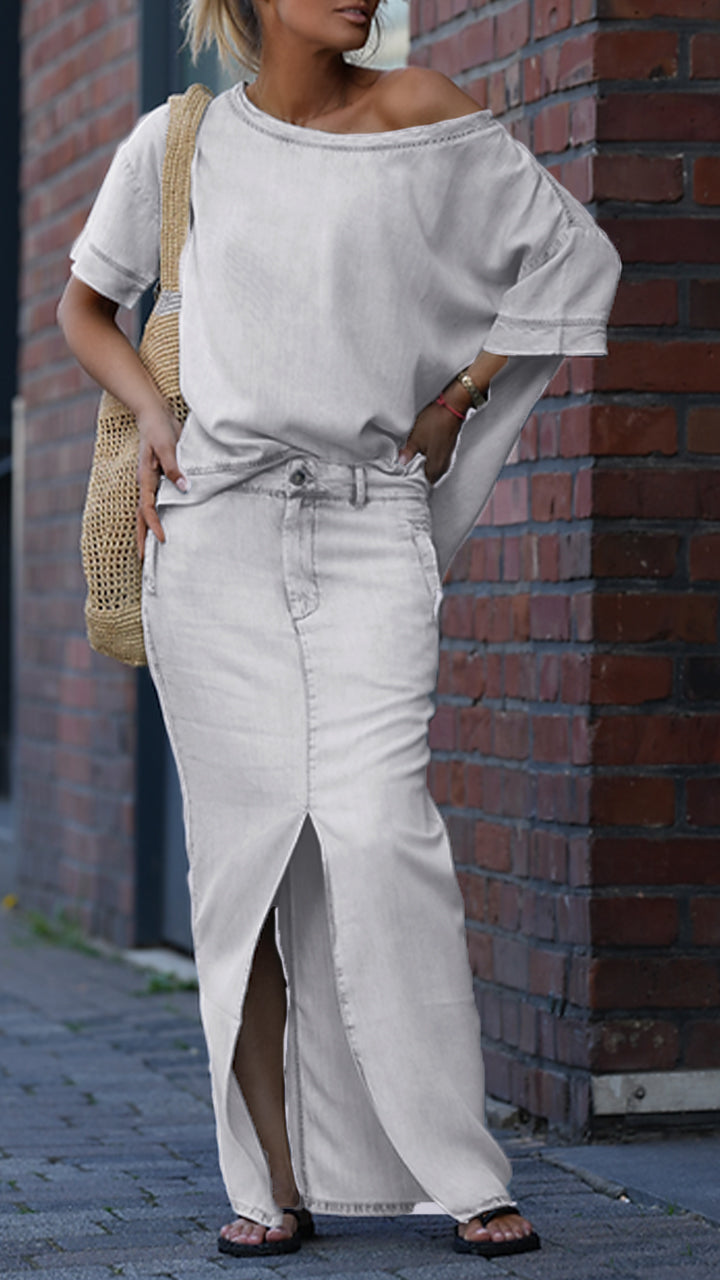 Γυναικείο Casual Κοστούμι με Στρογγυλή Λαιμόκοψη σε Χρώμα Tencel Denim-GR