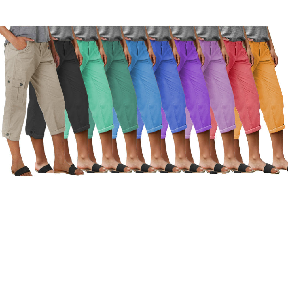 Kapri kelnės su kišenėmis ir vidutinio aukščio juosmeniu, klostėmis apačioje ir keliomis kišenėmis-LT