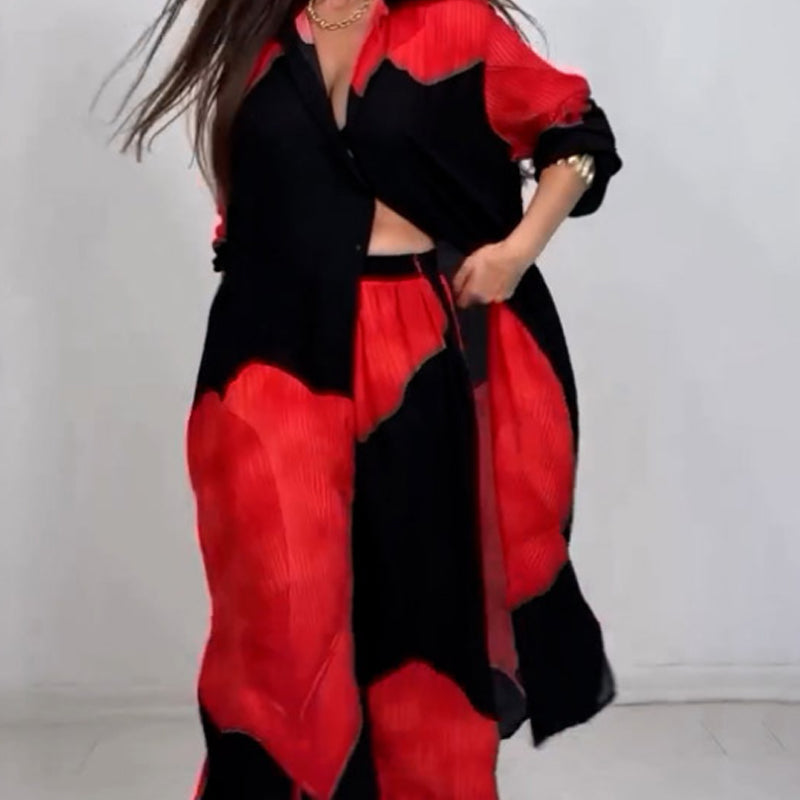 🌼Ilgi marškiniai su susuktomis sagomis ir raišteliu kelnių komplektas-LT