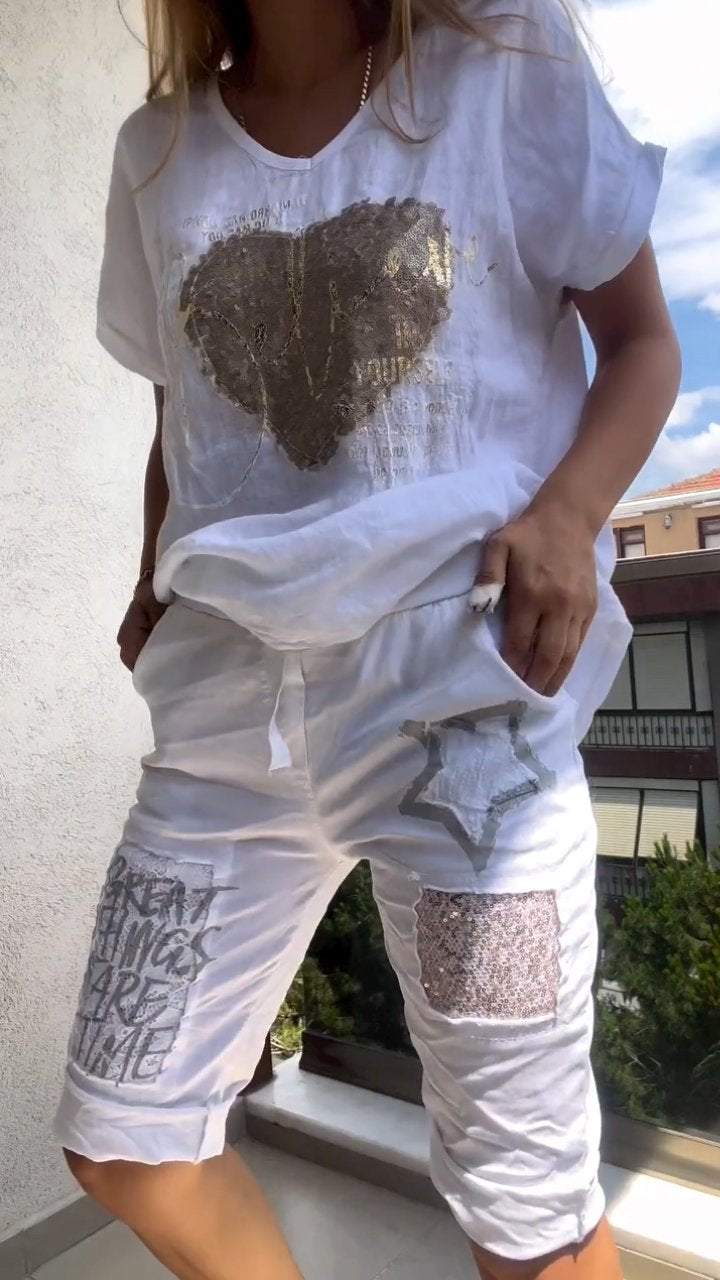 Casual κοστούμι δύο τεμαχίων με λαιμόκοψη V και χρυσό ανάγλυφο-GR