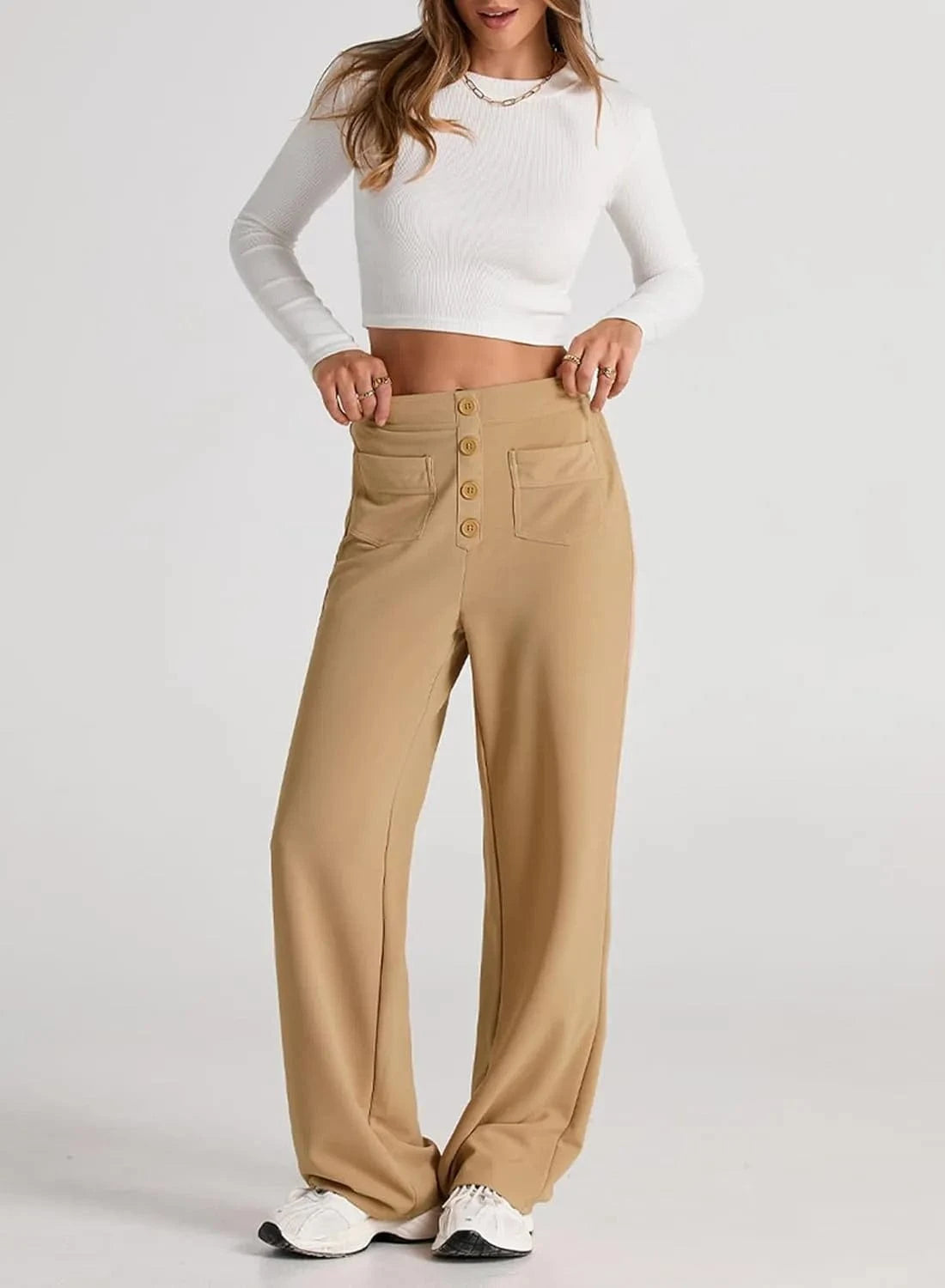 Elastinės laisvalaikio kelnės aukštu juosmeniu-LT