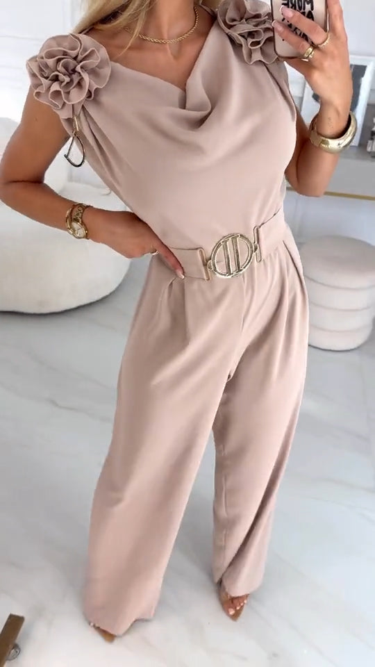 Moteriškas vasarinis kombinezonas be rankovių su 3D gėlių raštu ir V formos iškirpte-LT