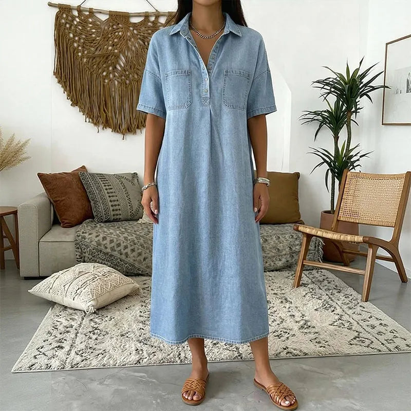 👗 TERAZ 60% ZNIŻKI! 👖 Sukienka koszulowa midi z jeansu z kieszeniami – Miękki jeans i luźny krój – Funkcjonalne kieszenie, idealna na co dzień – wygodna i uniwersalna ✨🌸