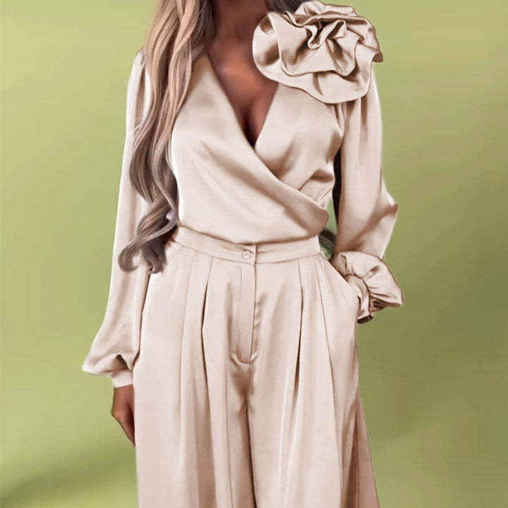 Prabangus komplektas su atlasiniais marškiniais ir plačiomis kelnėmis-LT