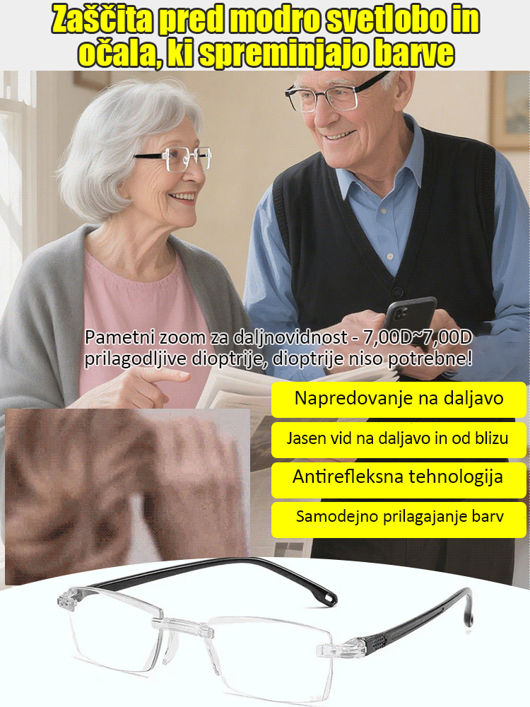 Očala, ki spreminjajo barvo, s filtriranjem modre svetlobe za preprečevanje prezbiopije
