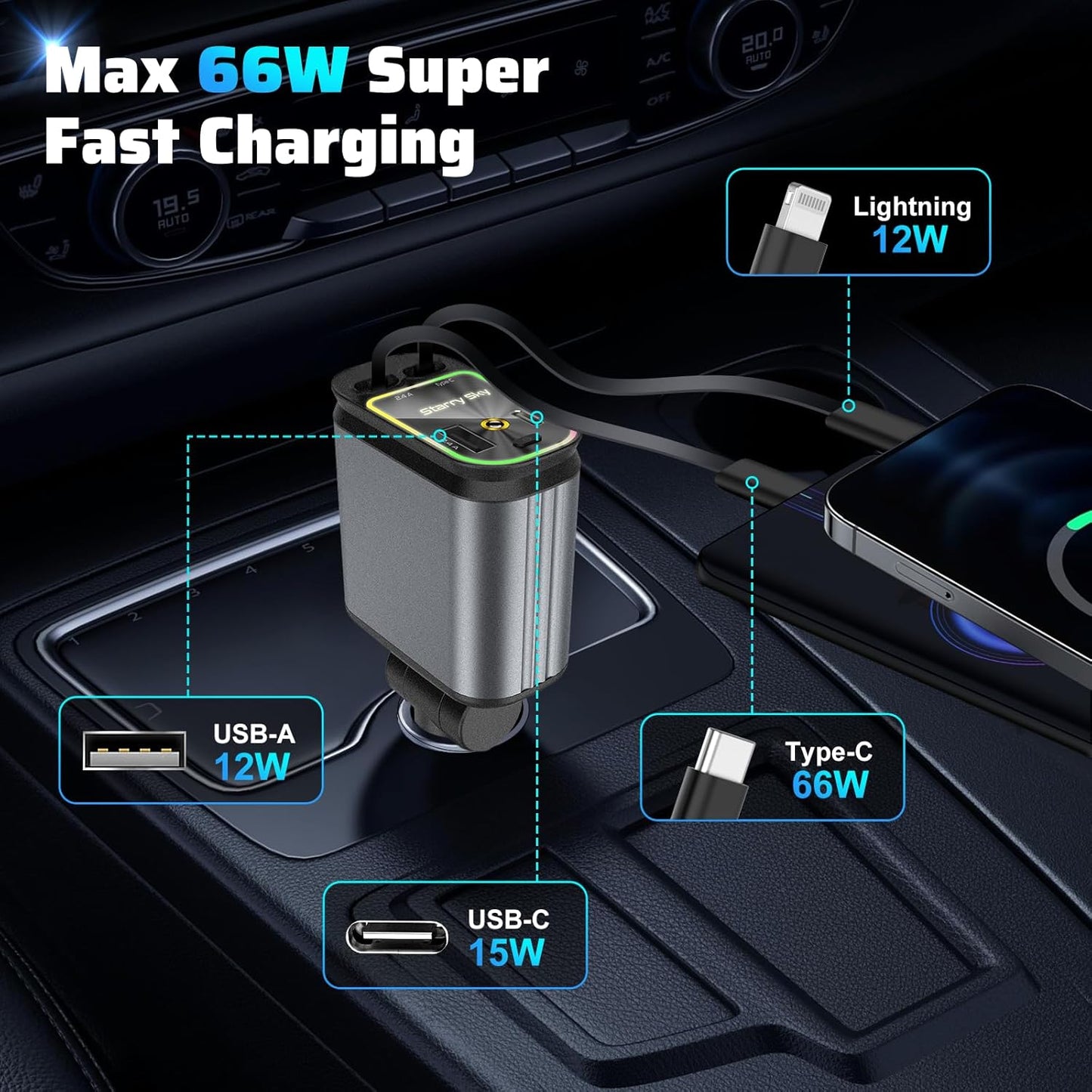 Νέο μοντέλο 2025 με ανασυρόμενο φορτιστή αυτοκινήτου Starlight 4 σε 1 για γρήγορο κινητό τηλέφωνο-GR