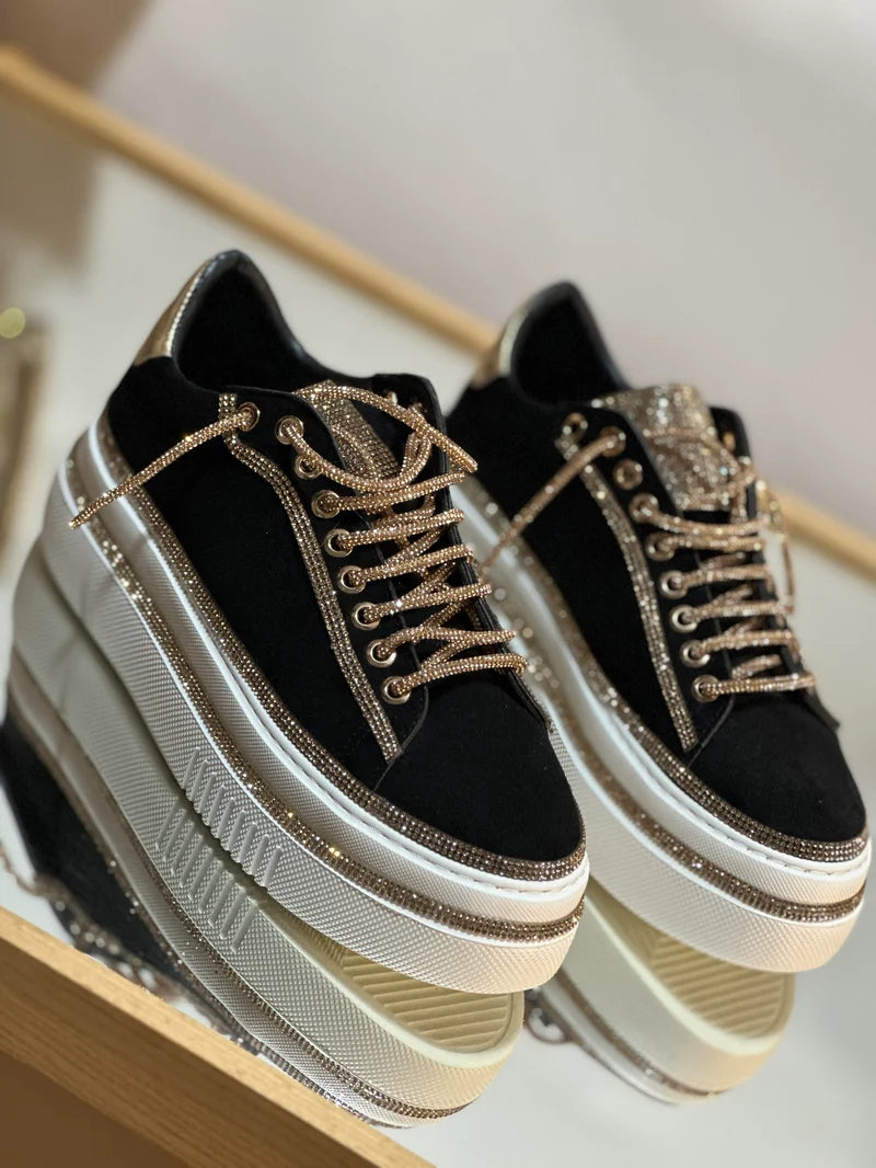 Suede sneakers με στρας και κορδόνια-GR