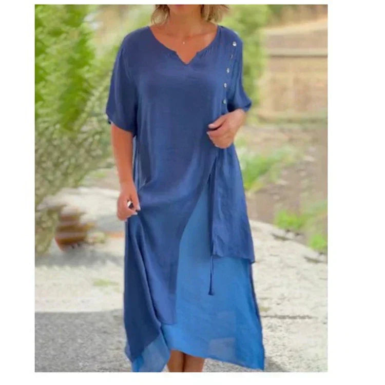 Vestido de dos piezas de manga corta y efecto asimétrico-ES