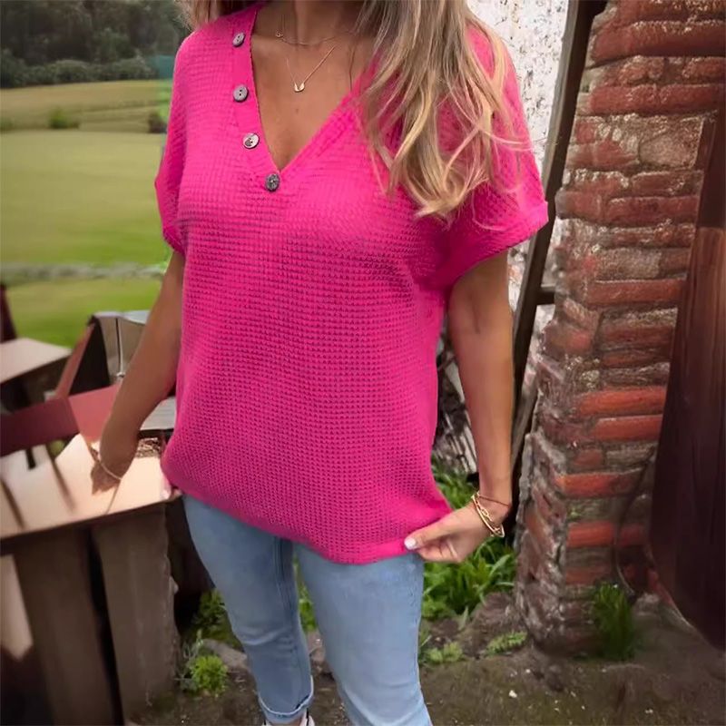 Γυναικείο κομψό τοπ με κοντό μανίκι και μυτερή λαιμόκοψη-GR