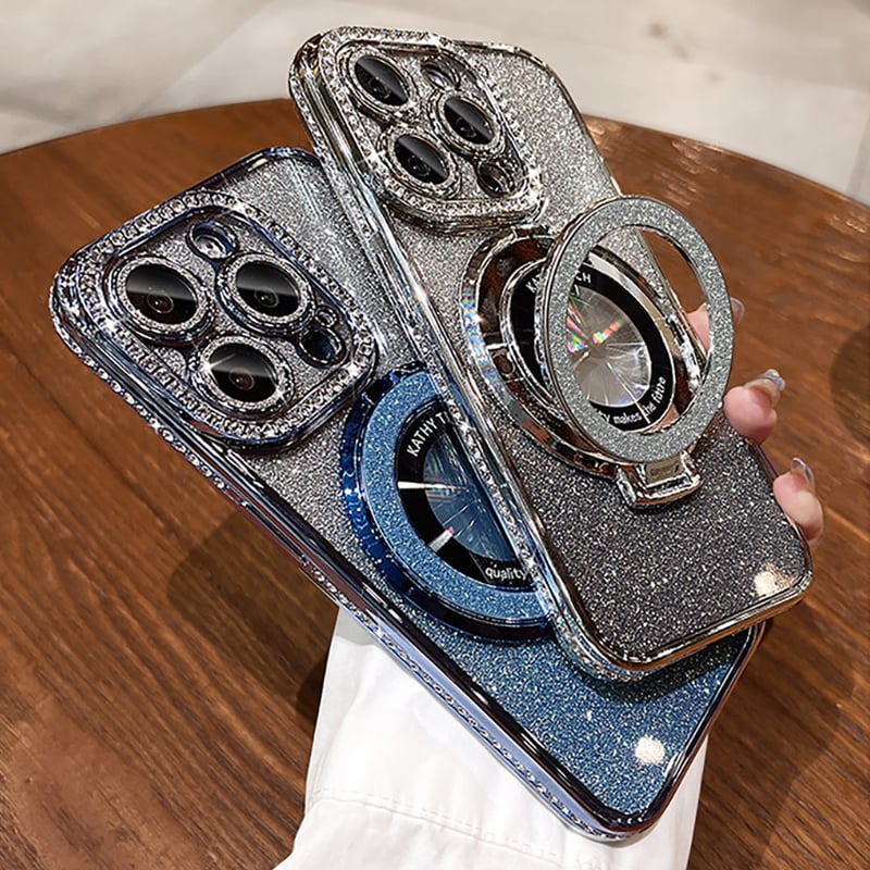 Magnetinis iPhone dėklas su blizgančiais kalnų krištolais ir nematomu stovu-LT