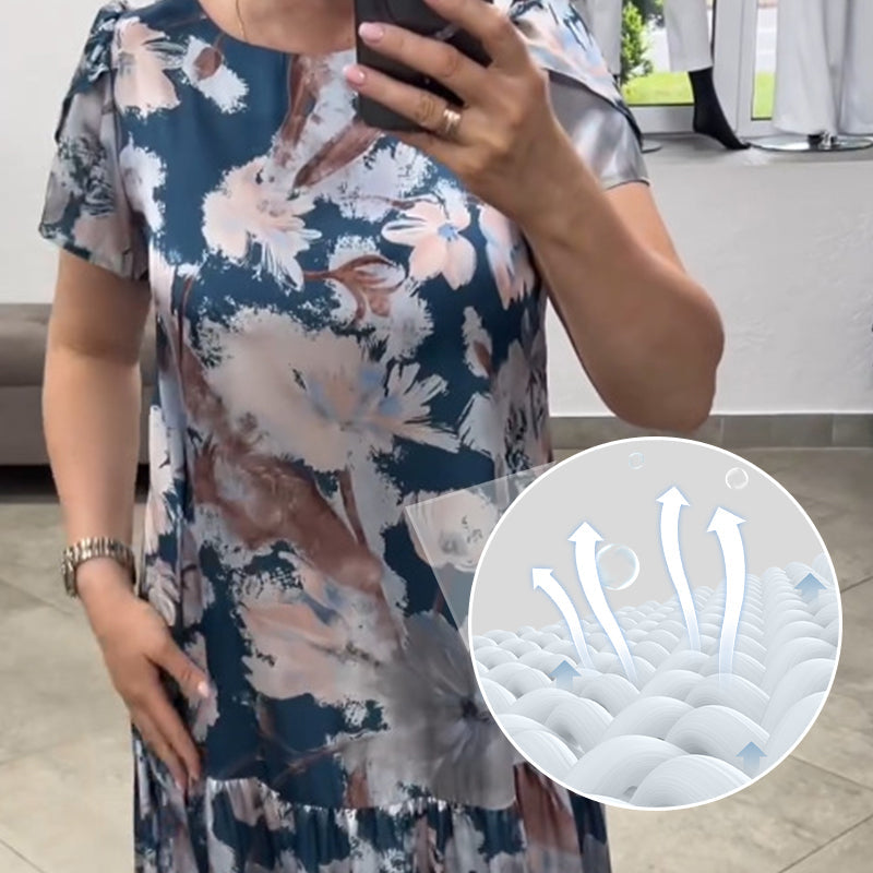 🌸Suknelė su gėlėmis trumpomis rankovėmis, apvalia iškirpte, laisvo kirpimo🌟-LT