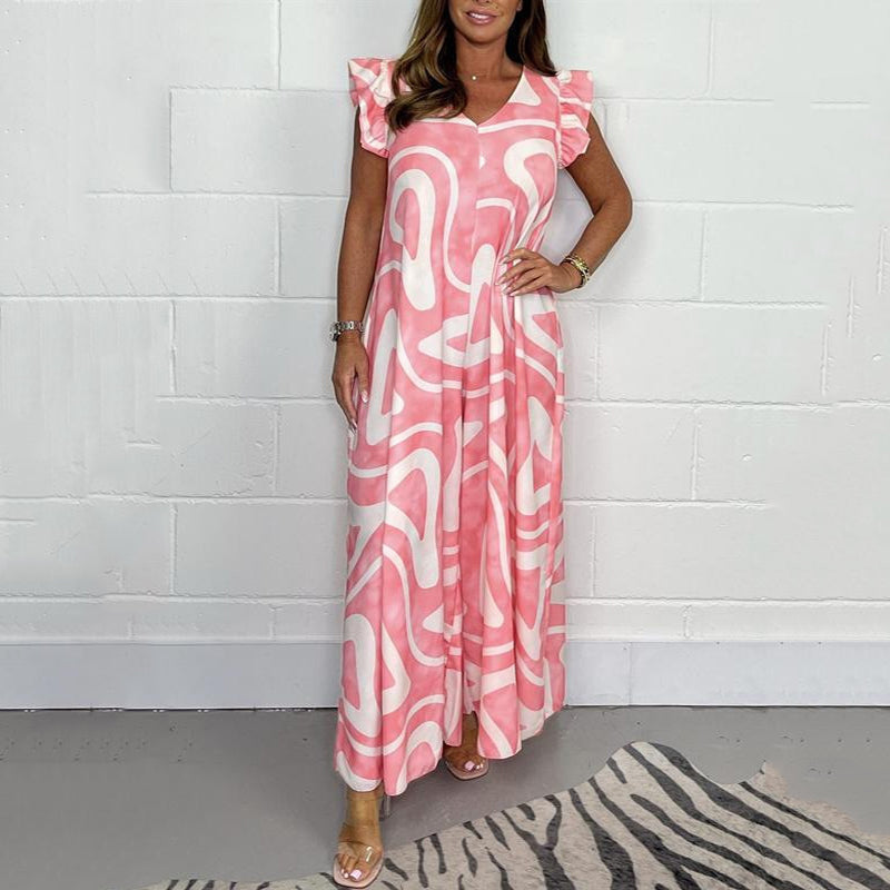 Sieviešu letné obleky ar platām nohy ar volāniem un geometrikām adrukām 