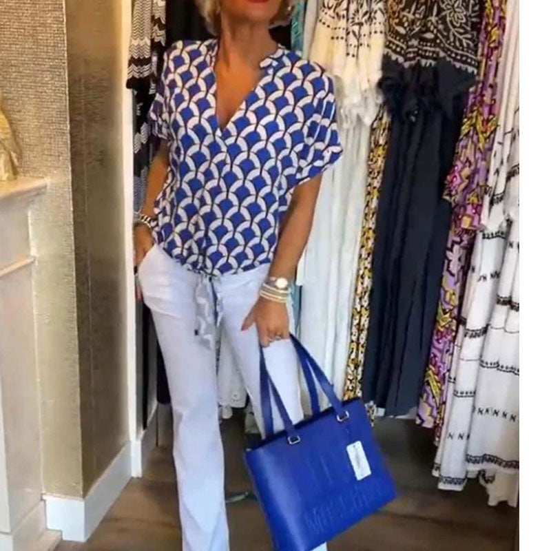 💖Απλό κοντομάνικο φόρεμα με V λαιμόκοψη-LT