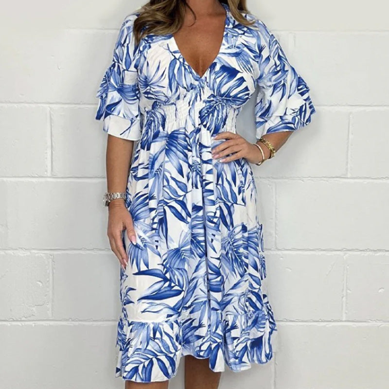 👗✨ Κομψά γυναικεία φορέματα με λαιμόκοψη V και βοτανικό μοτίβο-GR