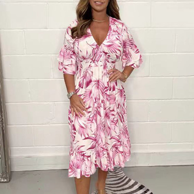 👗✨ Elegantiškos moteriškos suknelės su V formos iškirpte ir botaniniu raštu-LT