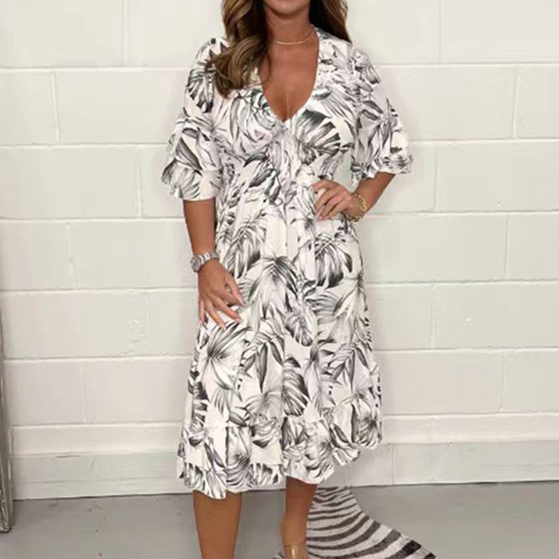 👗✨ Κομψά γυναικεία φορέματα με λαιμόκοψη V και βοτανικό μοτίβο-GR