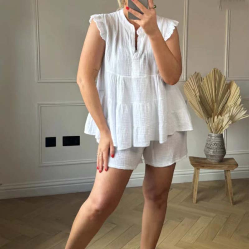 💗Σύνδεσμος de mujer de short y top de estopilla con volantes