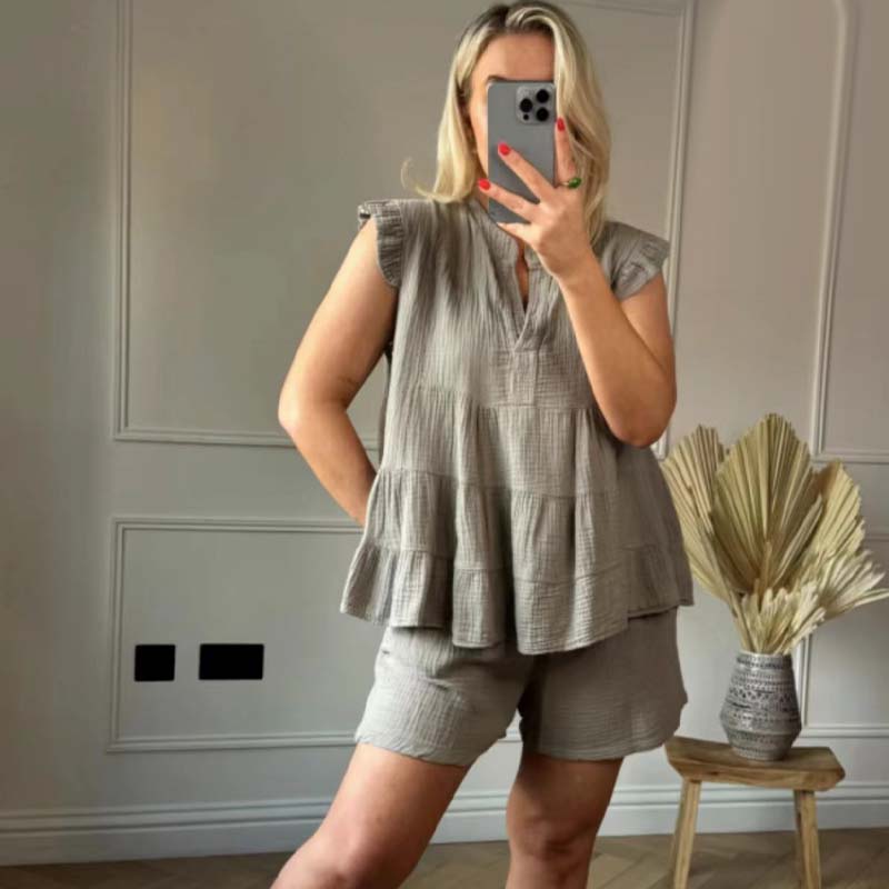 💗Σύνδεσμος de mujer de short y top de estopilla con volantes