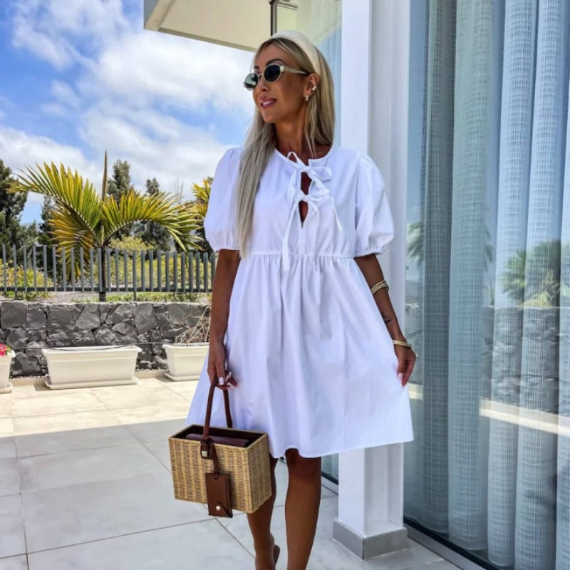 💕 Φόρεμα με φουσκωτά μανίκια και φιόγκο πράστε σε κατάρα χρώμα-GR