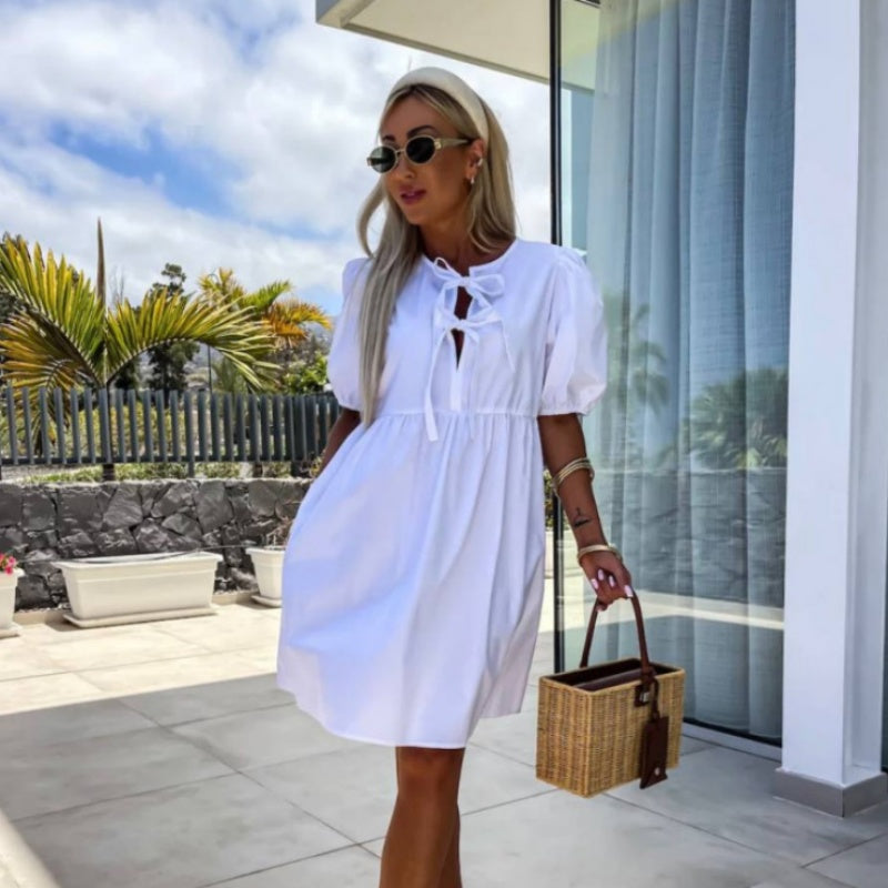 💕 Φόρεμα με φουσκωτά μανίκια και φιόγκο πράστε σε κατάρα χρώμα-GR