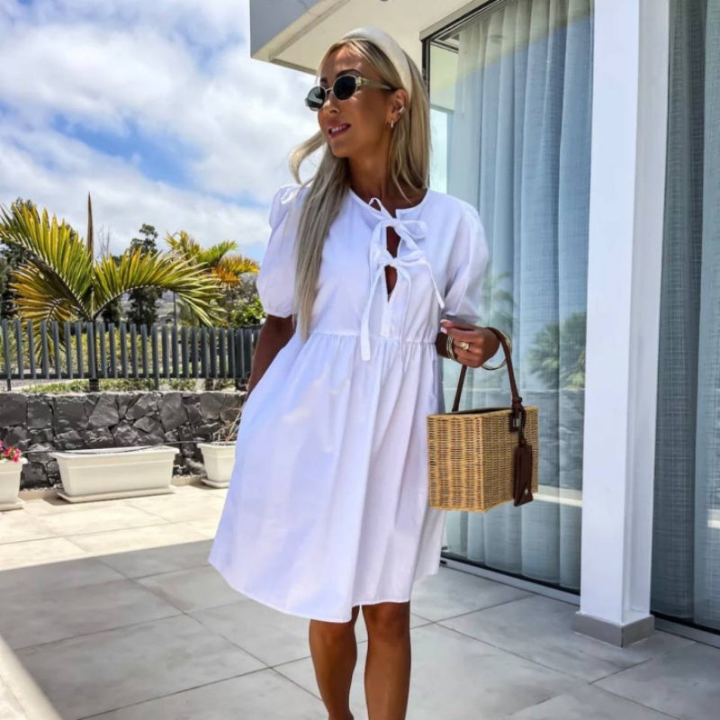 💕 Φόρεμα με φουσκωτά μανίκια και φιόγκο πράστε σε κατάρα χρώμα-GR