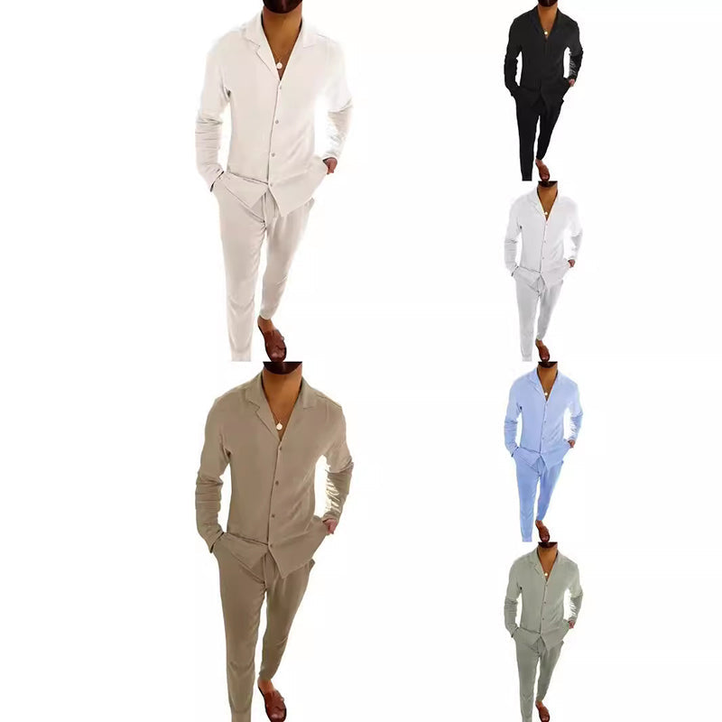 🌴Vyriškas minimalistinis medvilninio lino dviejų dalių laisvalaikio komplektas-LT