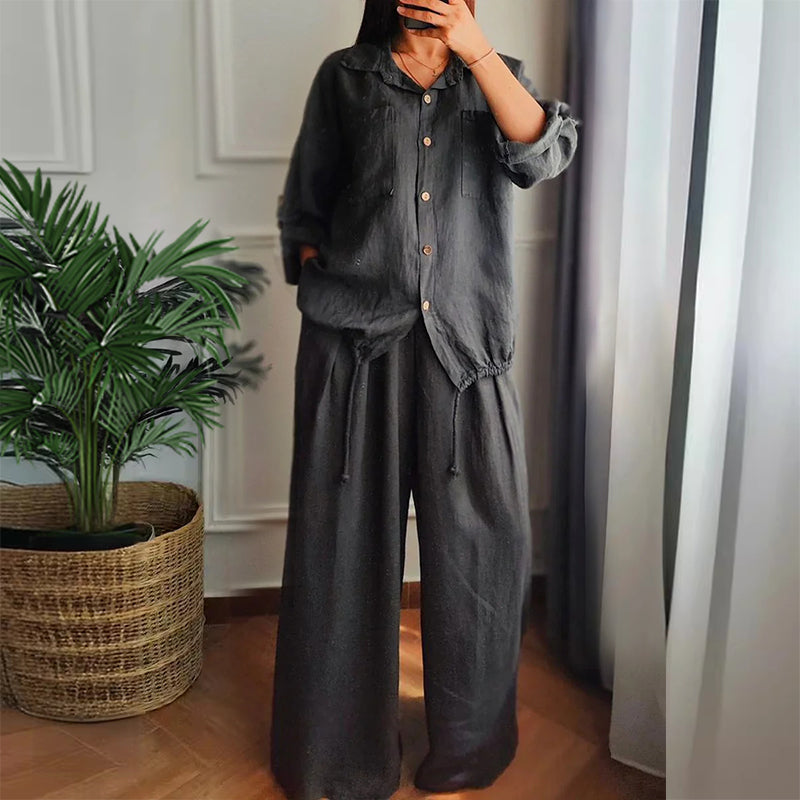 Top din bumbak a v cu tiv s cordon și pantaloni din bumbac și in