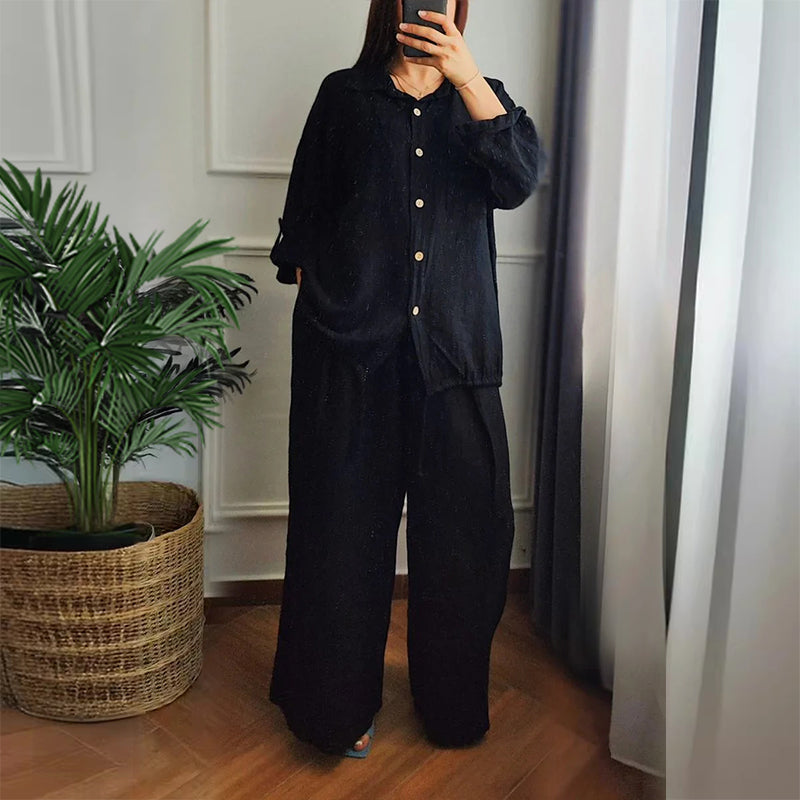 Top din bumbak a v cu tiv s cordon și pantaloni din bumbac și in